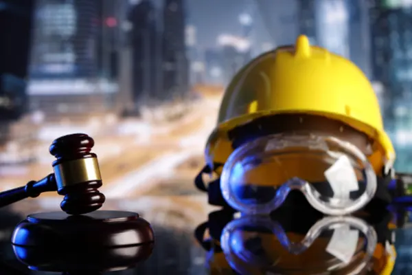 Casco de trabajador sobre una mesa junto a un martillo de juez simbolizando el derecho laboral.