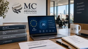 Empresa utilizando inteligencia artificial y adaptándose a las obligaciones del AI Act 2026 con asesoramiento jurídico.
