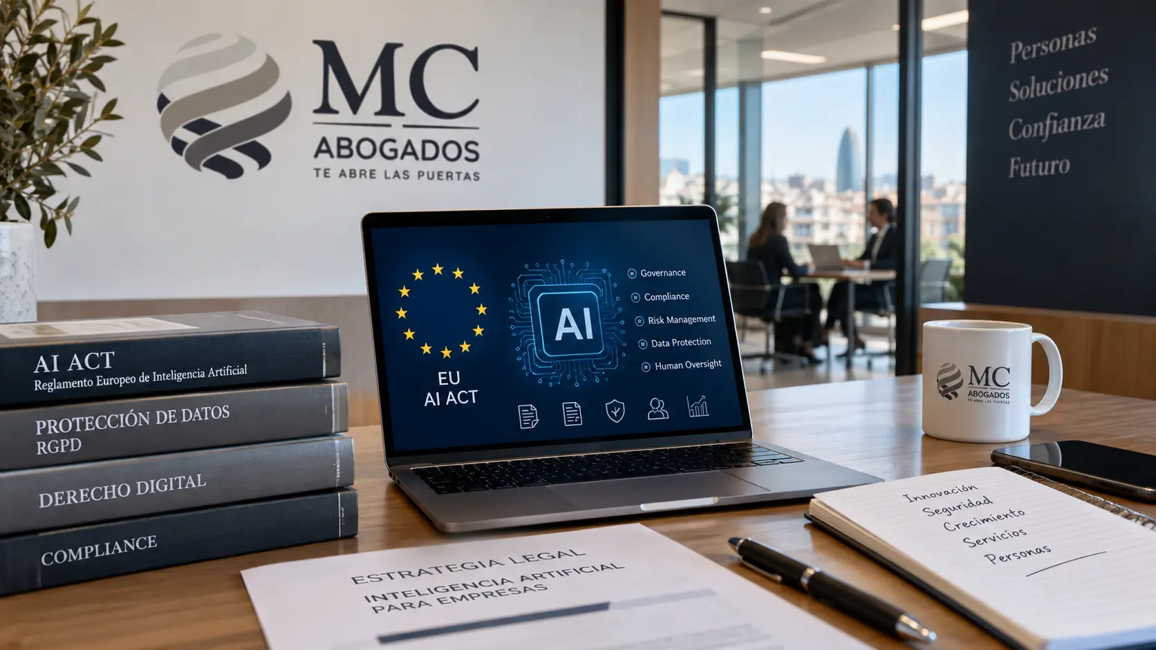 Empresa utilizando inteligencia artificial y adaptándose a las obligaciones del AI Act 2026 con asesoramiento jurídico.