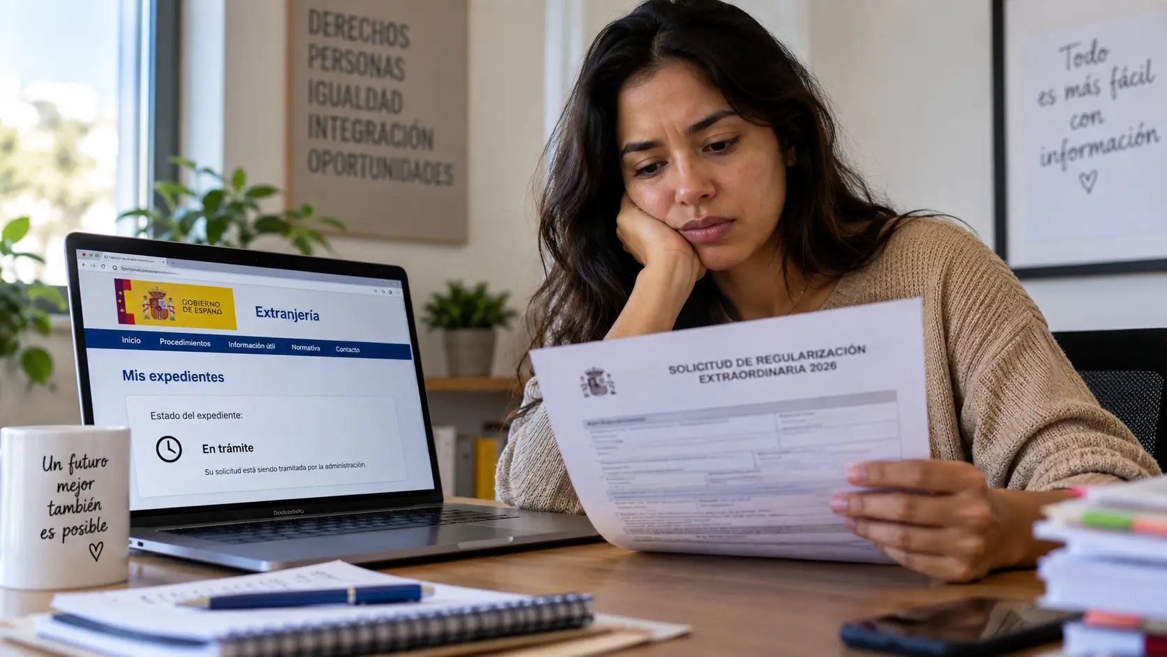 Persona consultando un expediente de regularización extraordinaria 2026 en trámite en la sede de Extranjería en España.